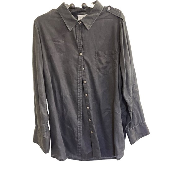 SoftSurroundings Linen Button Down Shirt Roll Tab Sleeve Blouse Black Size 1X Pl - Picture 2 of 6